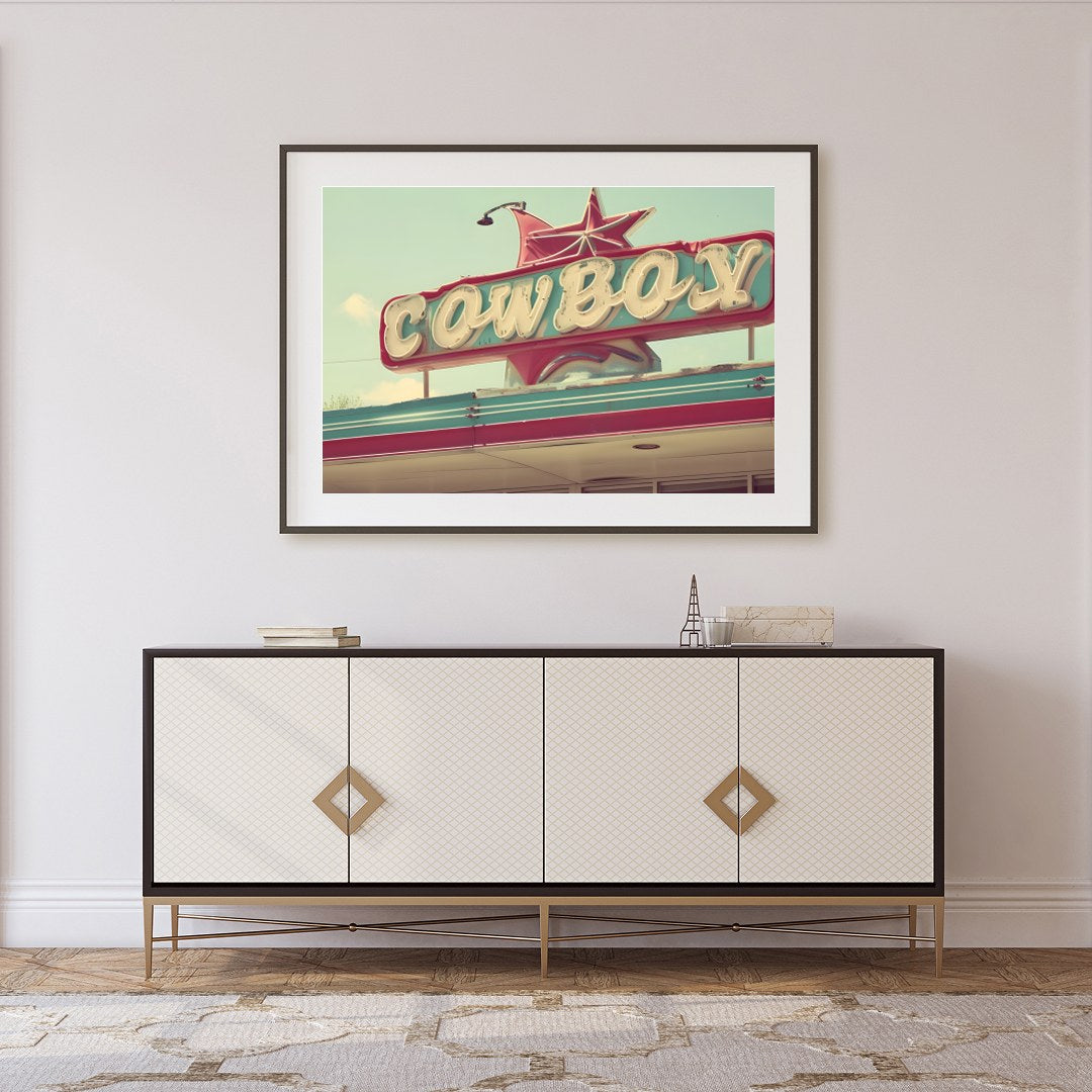 Capture the essence of the open road with this nostalgic piece, featuring a vibrant retro cowboy for Foyer