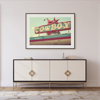 Capture the essence of the open road with this nostalgic piece, featuring a vibrant retro cowboy for Foyer