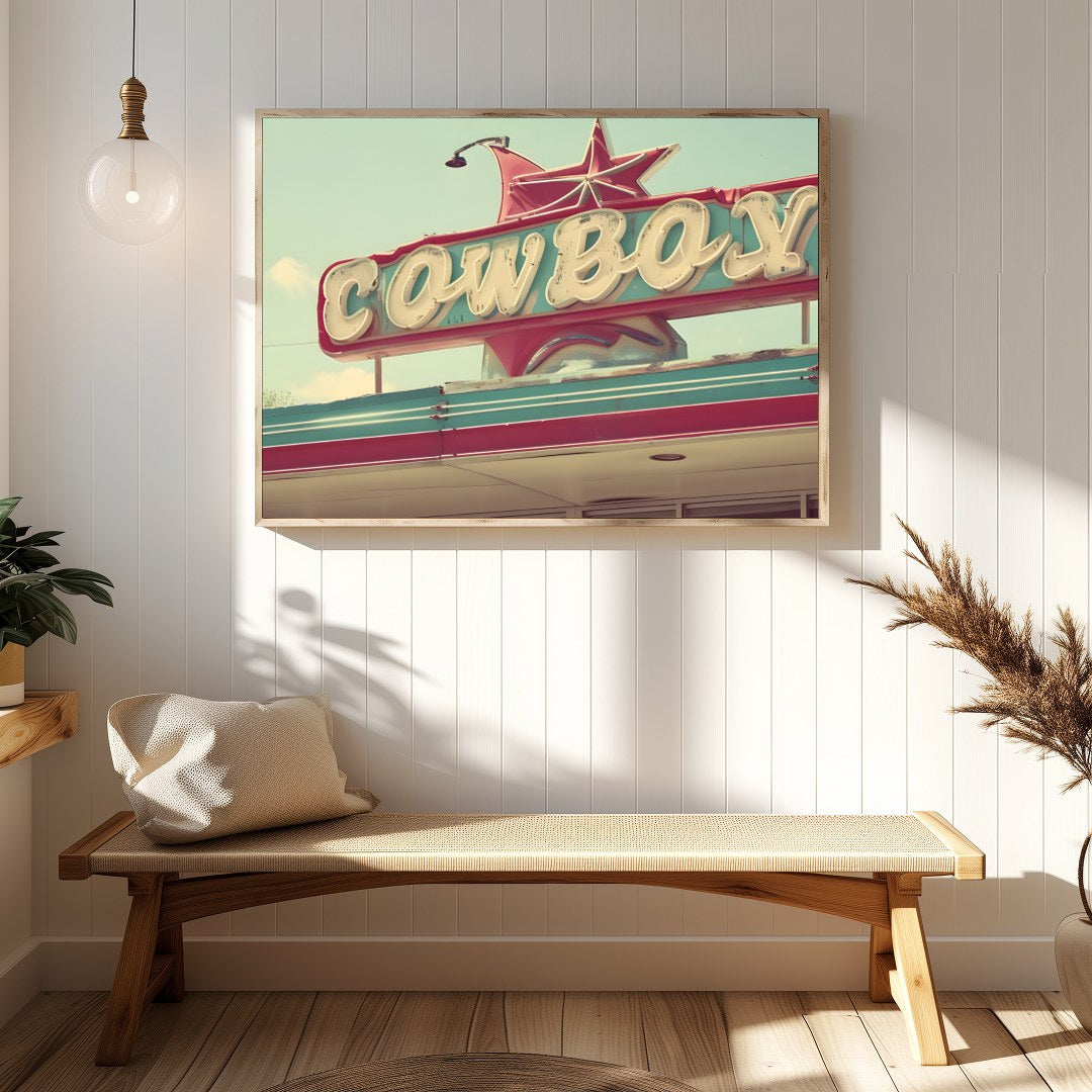 Capture the essence of the open road with this nostalgic piece, featuring a vibrant retro cowboy for Hallway