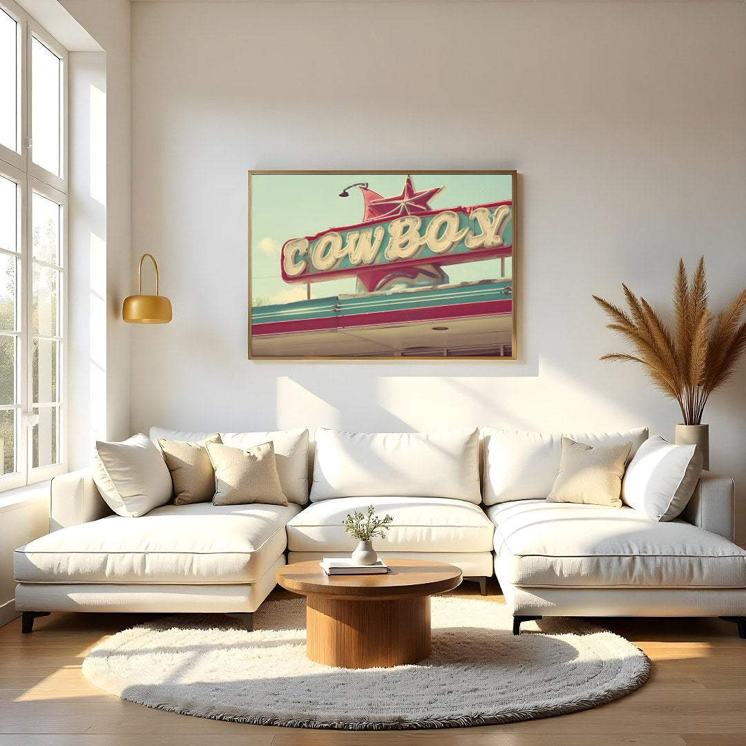 Capture the essence of the open road with this nostalgic piece, featuring a vibrant retro cowboy for Living Room