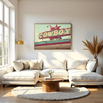 Capture the essence of the open road with this nostalgic piece, featuring a vibrant retro cowboy for Living Room
