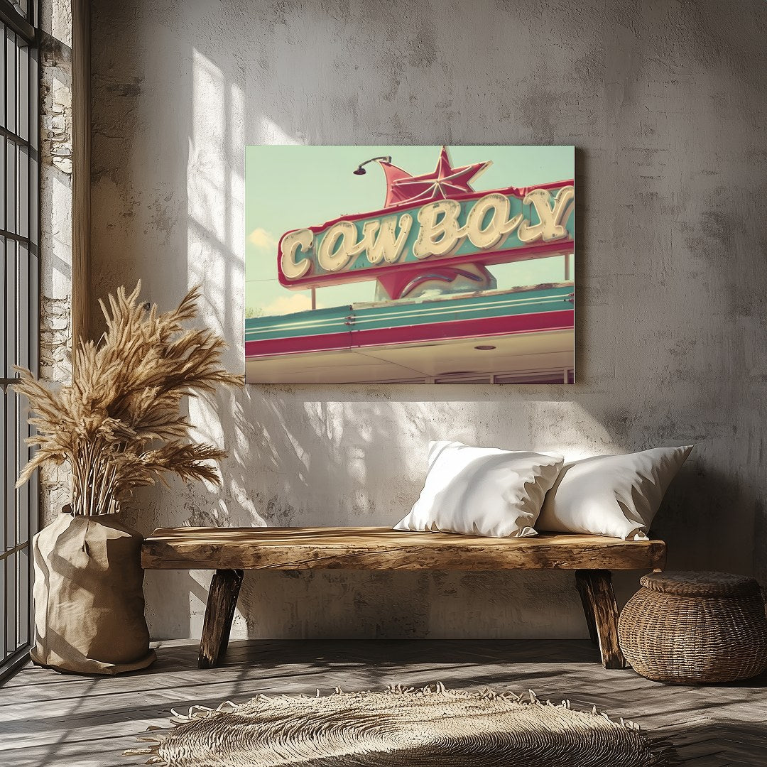 Capture the essence of the open road with this nostalgic piece, featuring a vibrant retro cowboy for Veranda