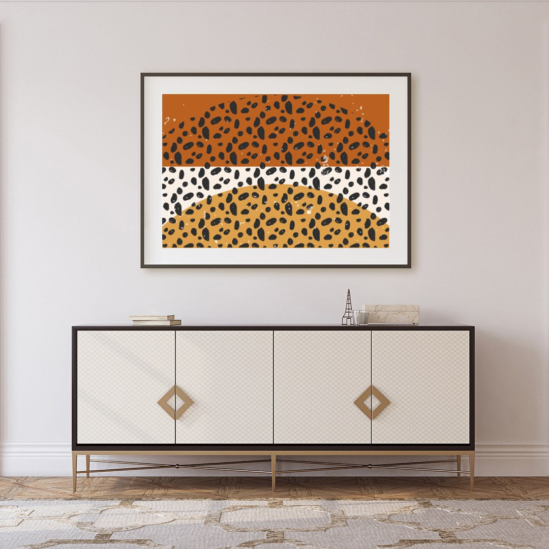 This unique piece of art creatively combines geometric shapes with a retro color palette, evoking a for Foyer