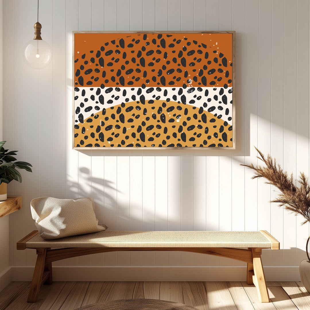 This unique piece of art creatively combines geometric shapes with a retro color palette, evoking a for Hallway
