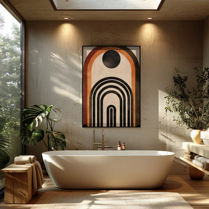 This captivating geometric artwork features a series of bold arches in rich earthy tones. Perfect for Bathroom