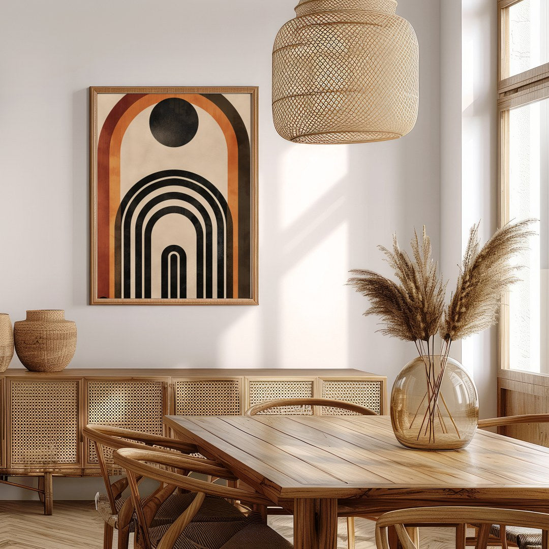 This captivating geometric artwork features a series of bold arches in rich earthy tones. Perfect for Extra Kitchen