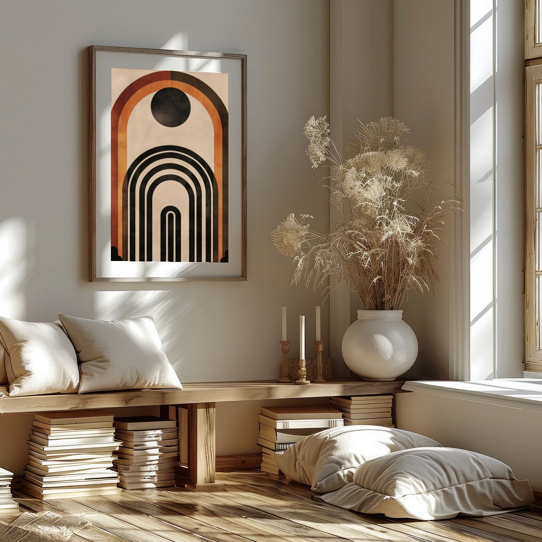 This captivating geometric artwork features a series of bold arches in rich earthy tones. Perfect for gallery