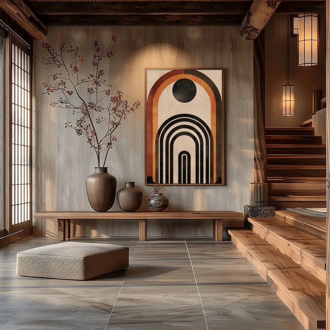 This captivating geometric artwork features a series of bold arches in rich earthy tones. Perfect for Hall