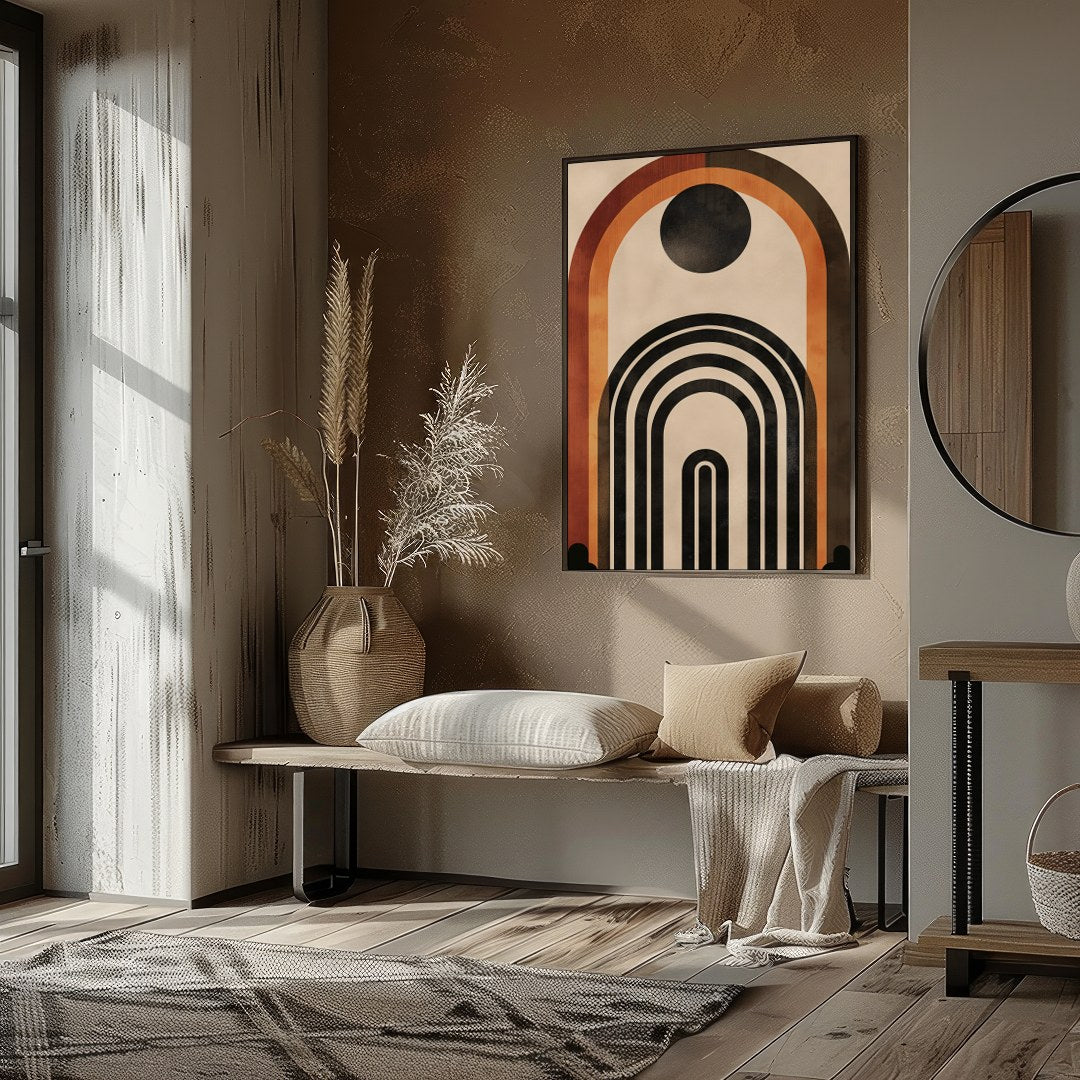 This captivating geometric artwork features a series of bold arches in rich earthy tones. Perfect for haven