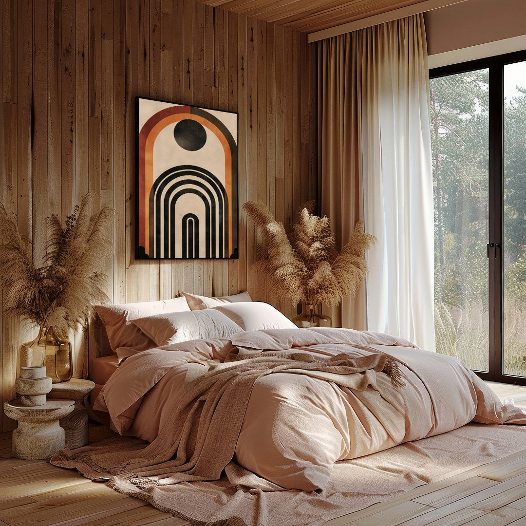 This captivating geometric artwork features a series of bold arches in rich earthy tones. Perfect for Bedroom