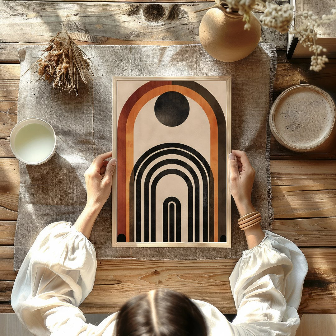 This captivating geometric artwork features a series of bold arches in rich earthy tones. Perfect for room