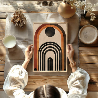 This captivating geometric artwork features a series of bold arches in rich earthy tones. Perfect for room