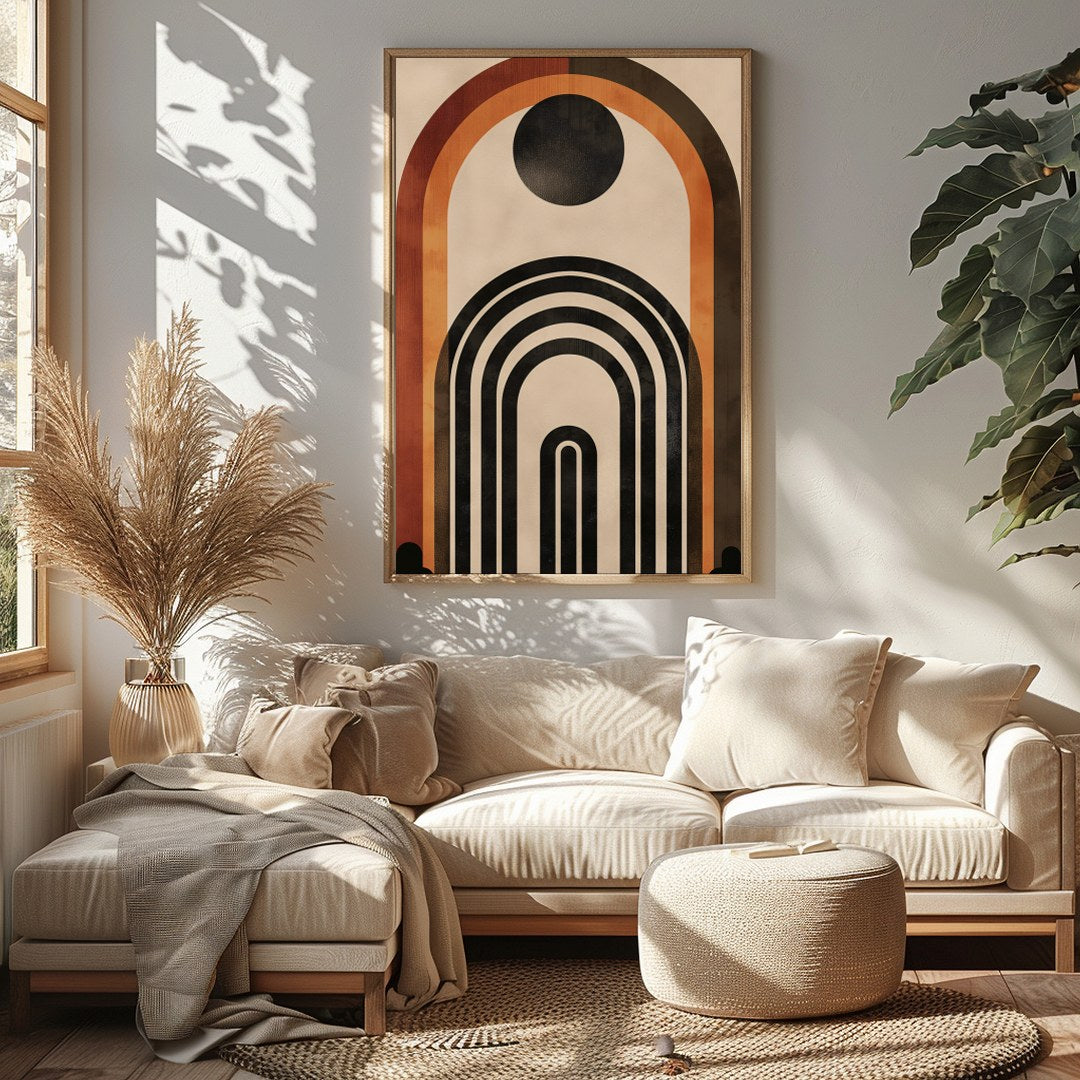 This captivating geometric artwork features a series of bold arches in rich earthy tones. Perfect for Sitting Area