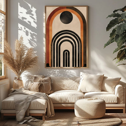 This captivating geometric artwork features a series of bold arches in rich earthy tones. Perfect for Sitting Area