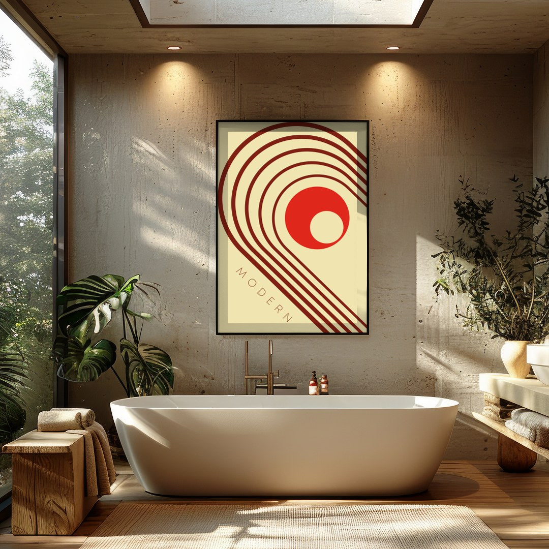 This striking artwork captures a modern aesthetic with retro influences, featuring bold geometric for Bathroom