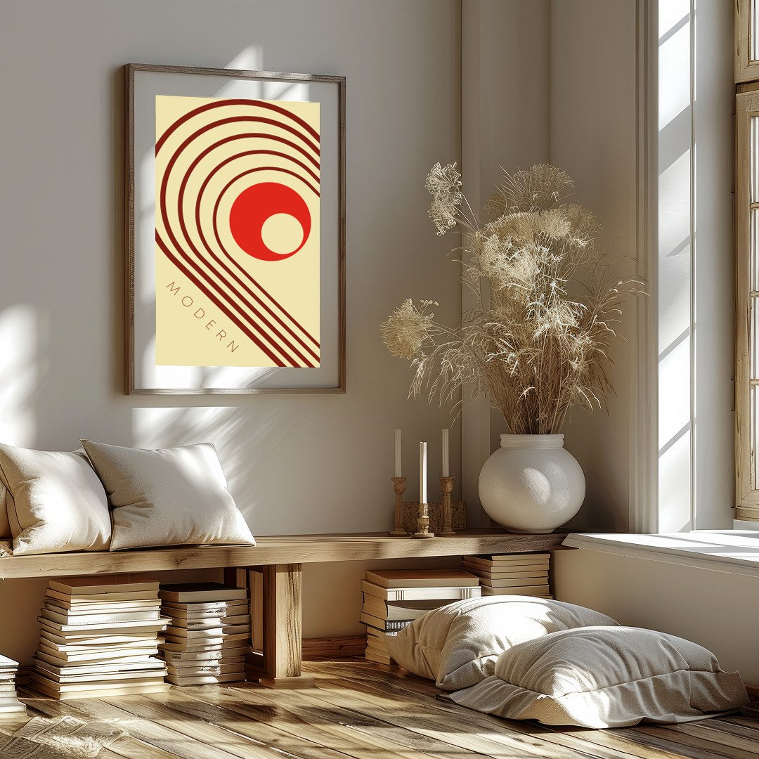 This striking artwork captures a modern aesthetic with retro influences, featuring bold geometric for dwelling