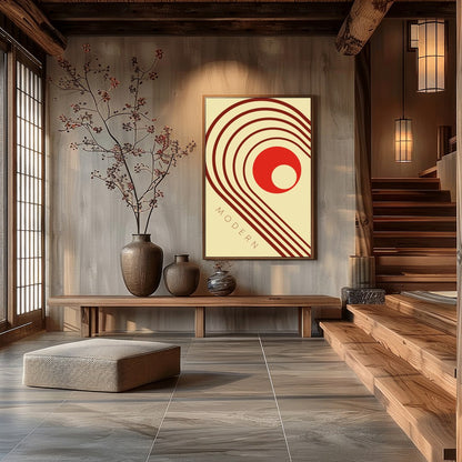 This striking artwork captures a modern aesthetic with retro influences, featuring bold geometric for Hall