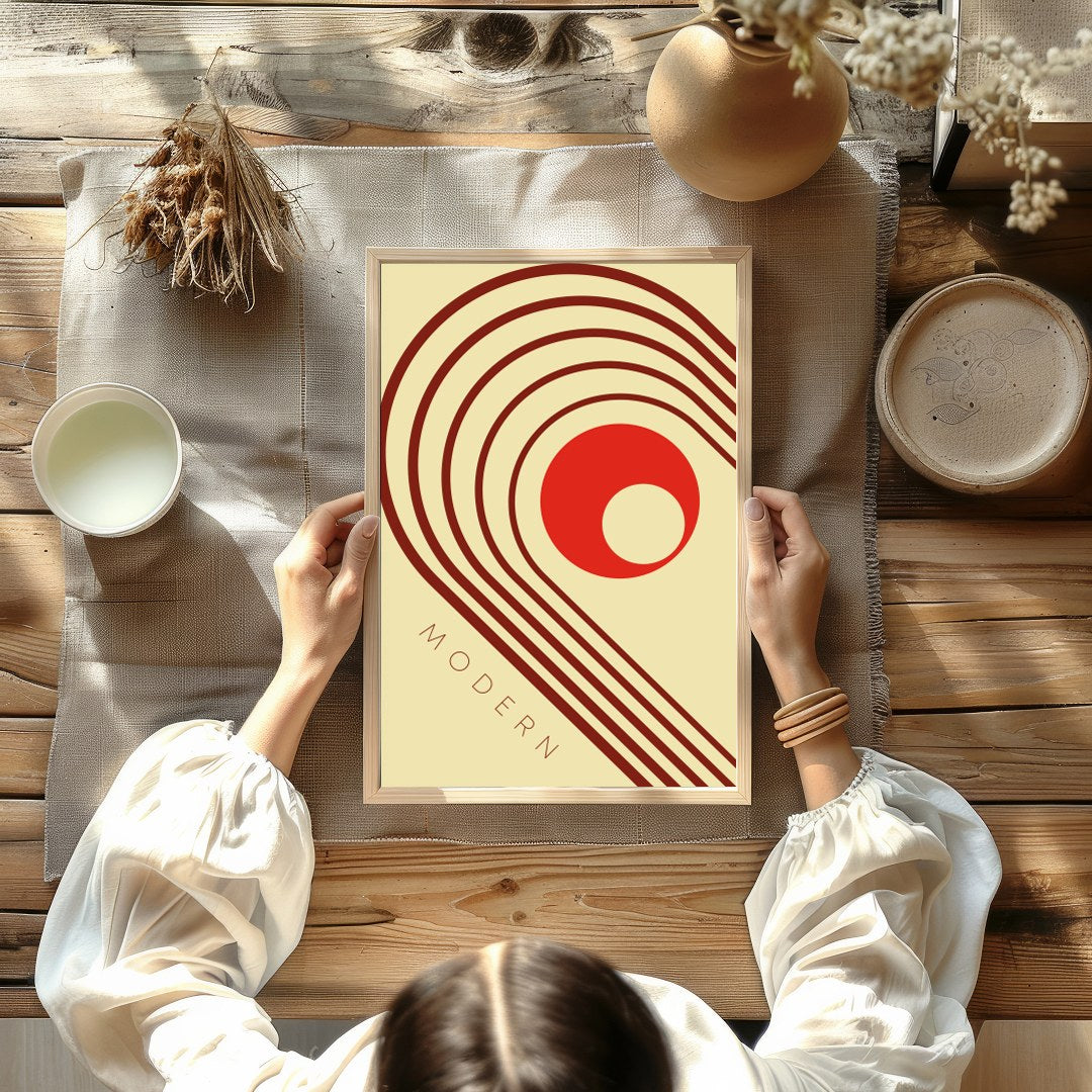 This striking artwork captures a modern aesthetic with retro influences, featuring bold geometric for Kitchen