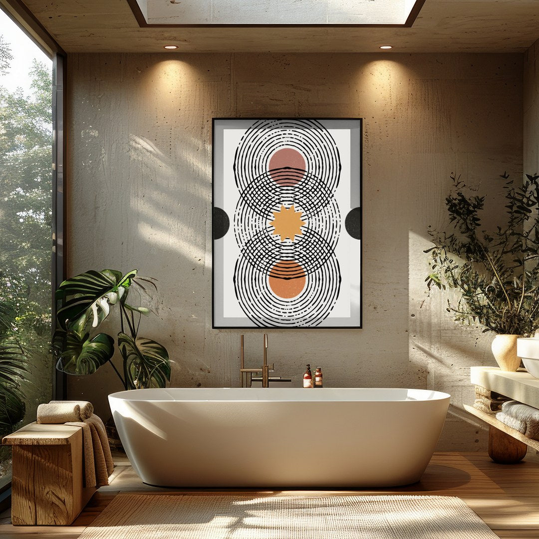 Elevate your space with this retro-inspired geometric artwork, featuring overlapping circles and for Bathroom