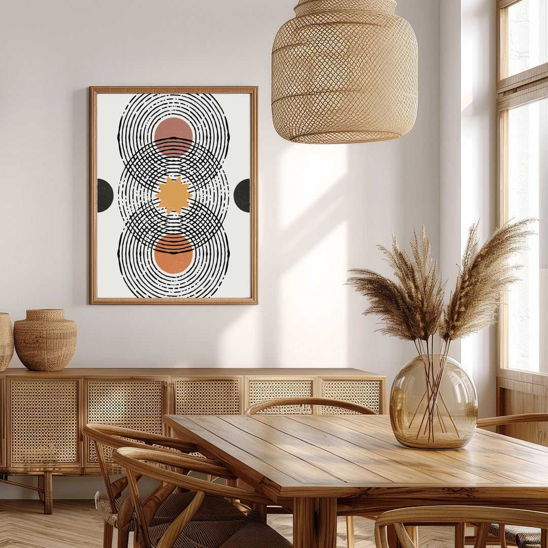 Elevate your space with this retro-inspired geometric artwork, featuring overlapping circles and for Extra Kitchen