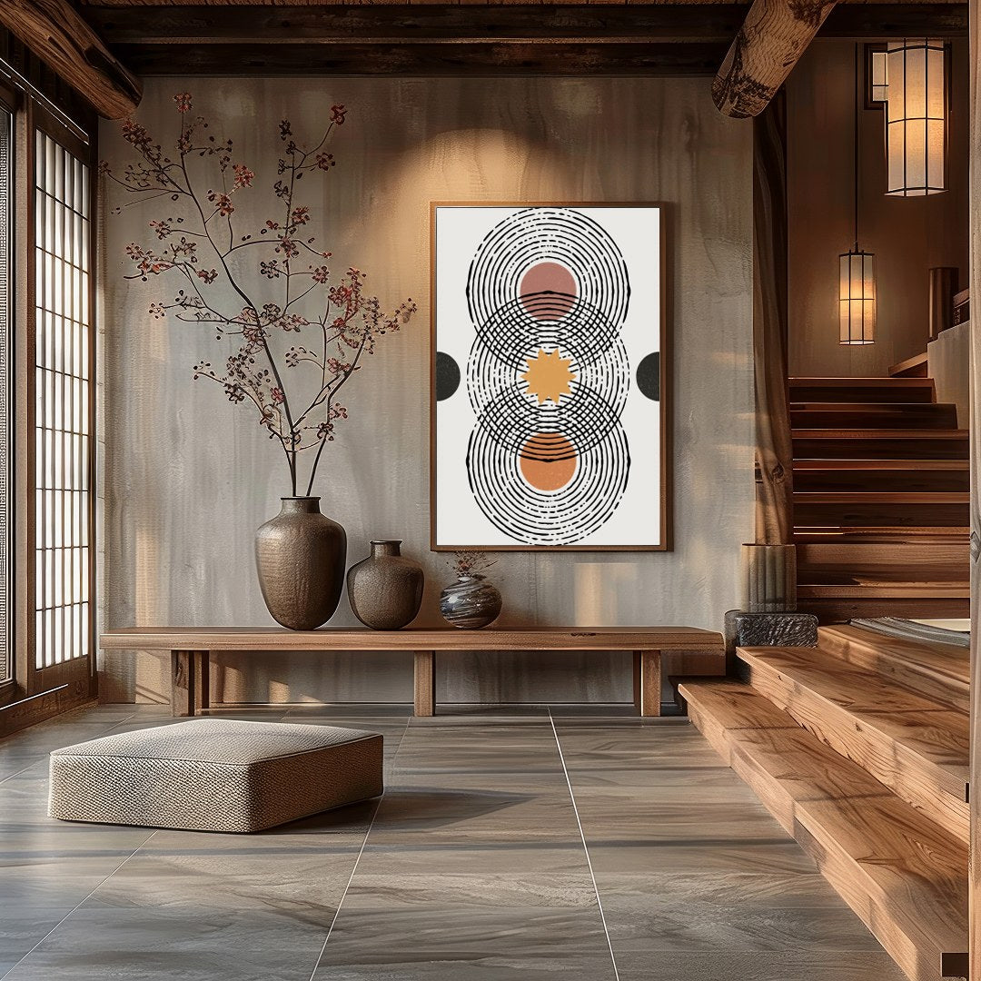 Elevate your space with this retro-inspired geometric artwork, featuring overlapping circles and for Hall