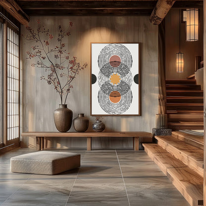Elevate your space with this retro-inspired geometric artwork, featuring overlapping circles and for Hall