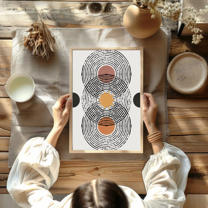 Elevate your space with this retro-inspired geometric artwork, featuring overlapping circles and for studio