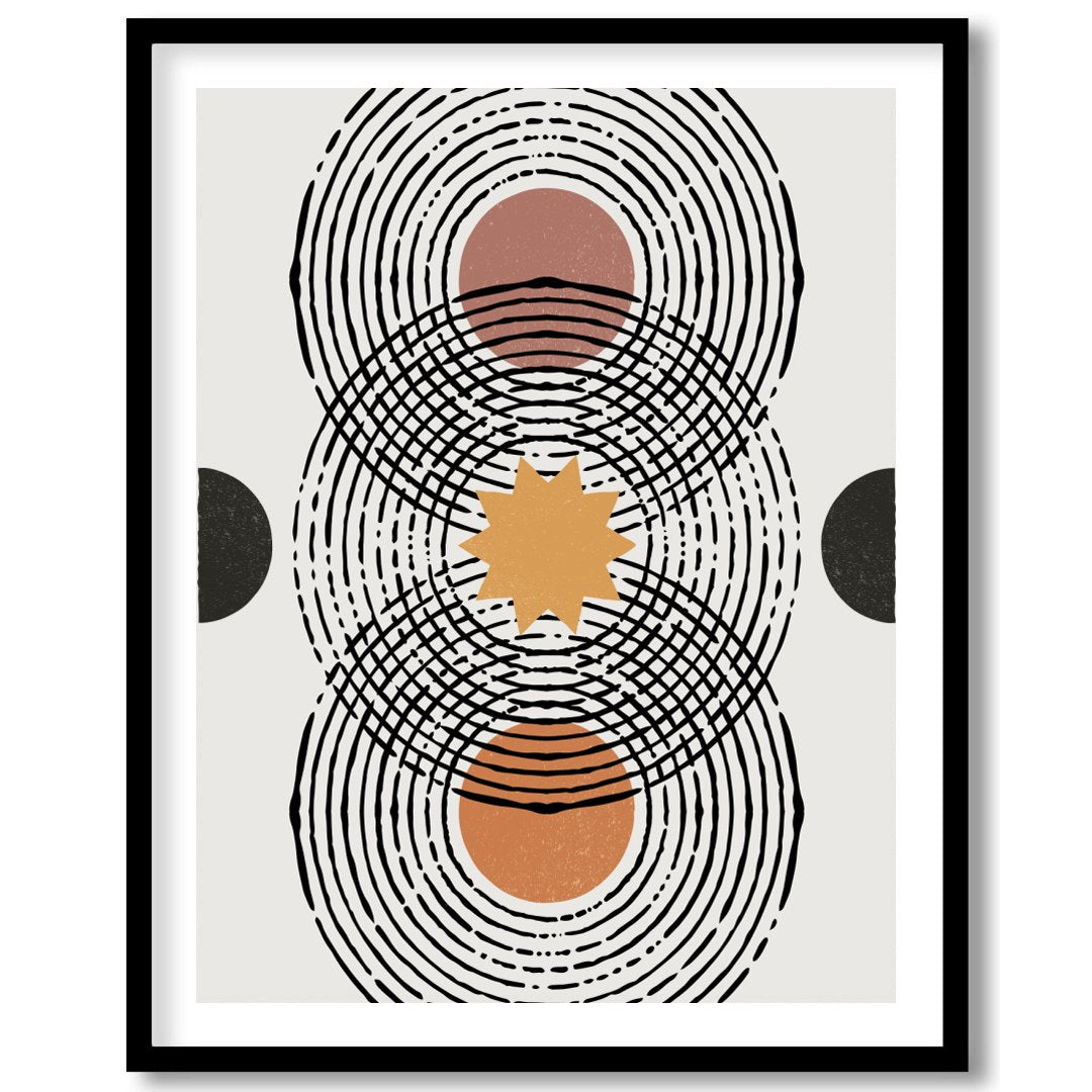 Elevate your space with this retro-inspired geometric artwork, featuring overlapping circles and for sweet-home