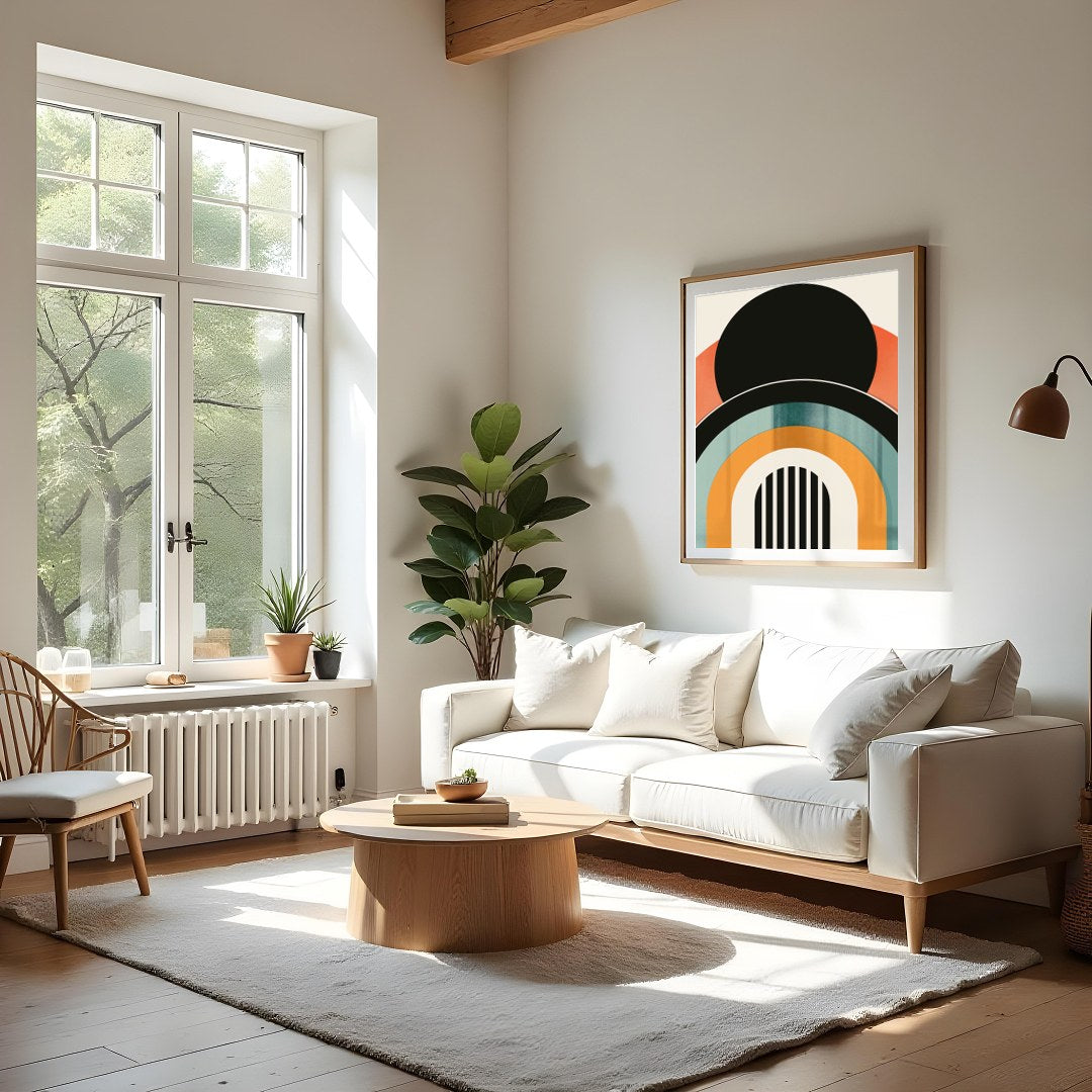 This captivating geometric wall art piece brings a touch of vintage flair with its bold arches and for Living Room