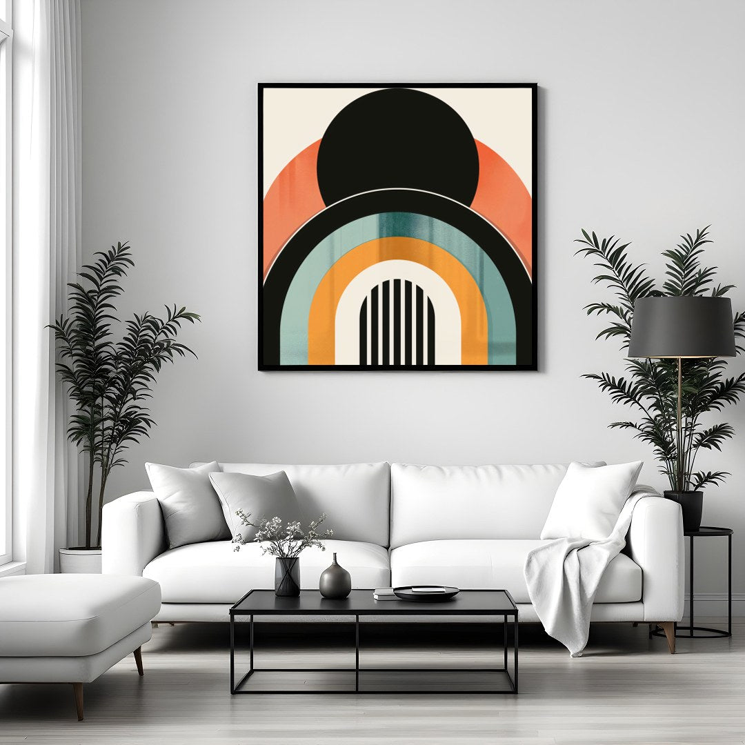 This captivating geometric wall art piece brings a touch of vintage flair with its bold arches and for Sitting Area