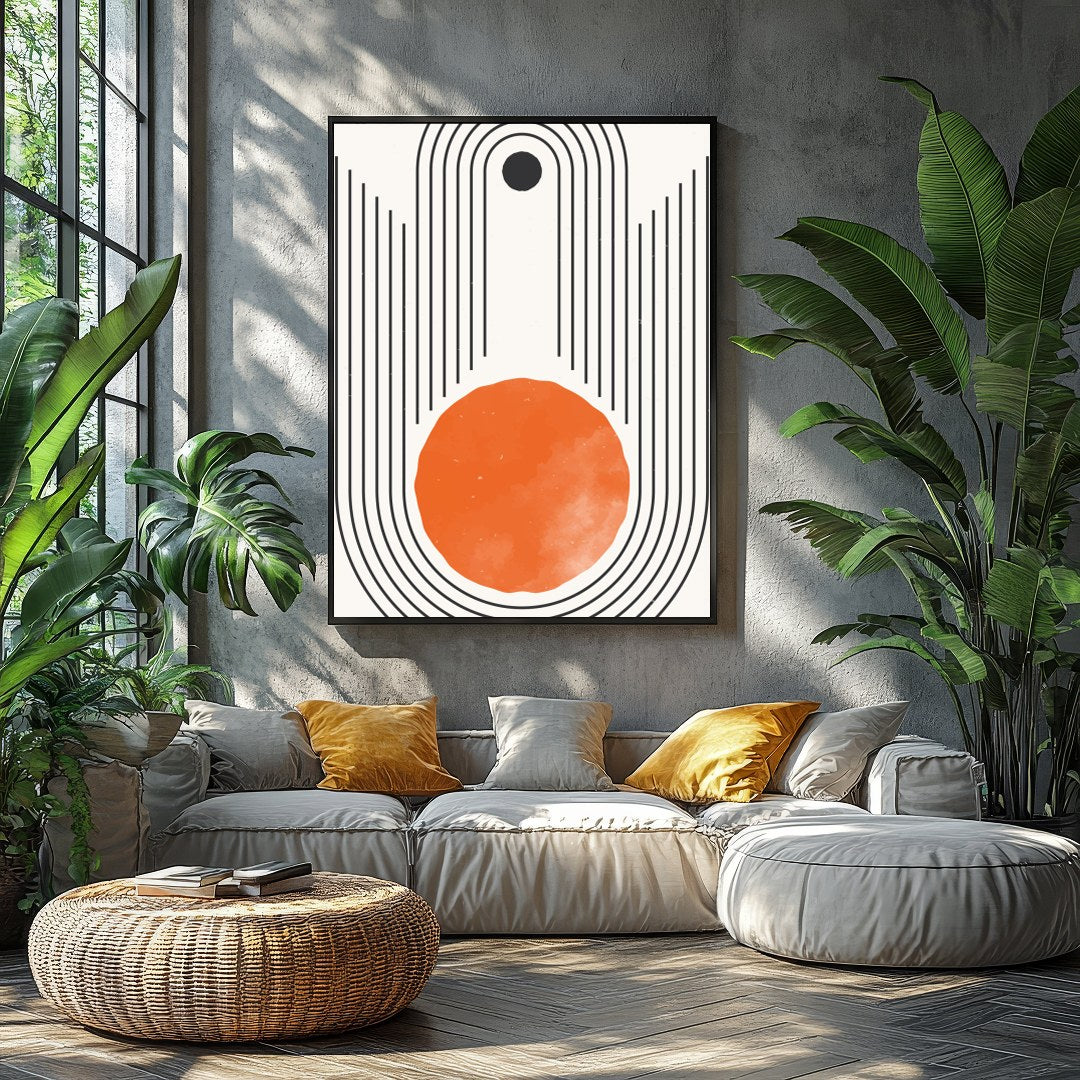 Elevate your space with this stunning retro geometric artwork, featuring a bold orange sun for Balcony