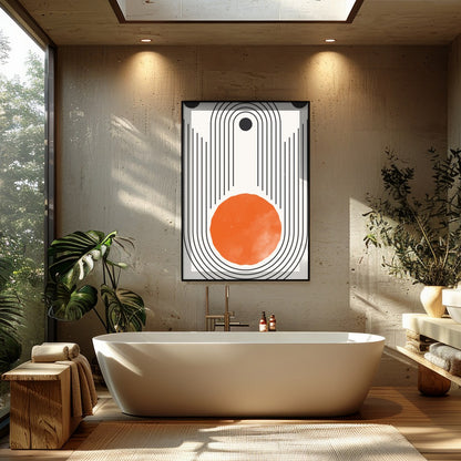 Elevate your space with this stunning retro geometric artwork, featuring a bold orange sun for Bathroom
