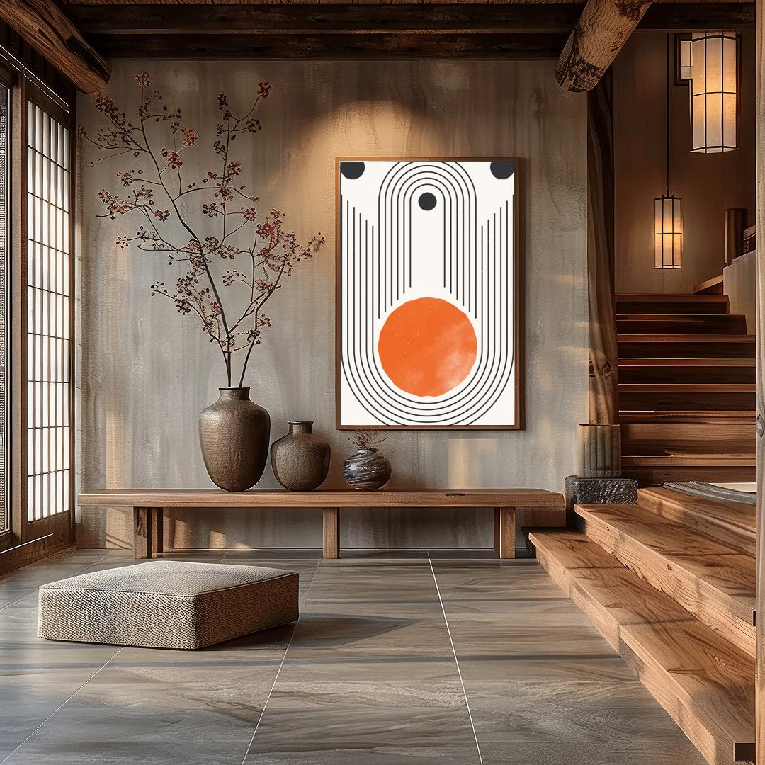 Elevate your space with this stunning retro geometric artwork, featuring a bold orange sun for Hall