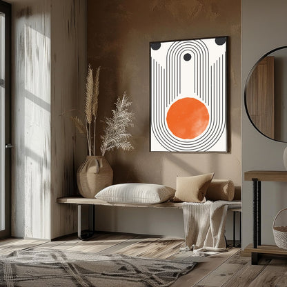 Elevate your space with this stunning retro geometric artwork, featuring a bold orange sun for kitchen