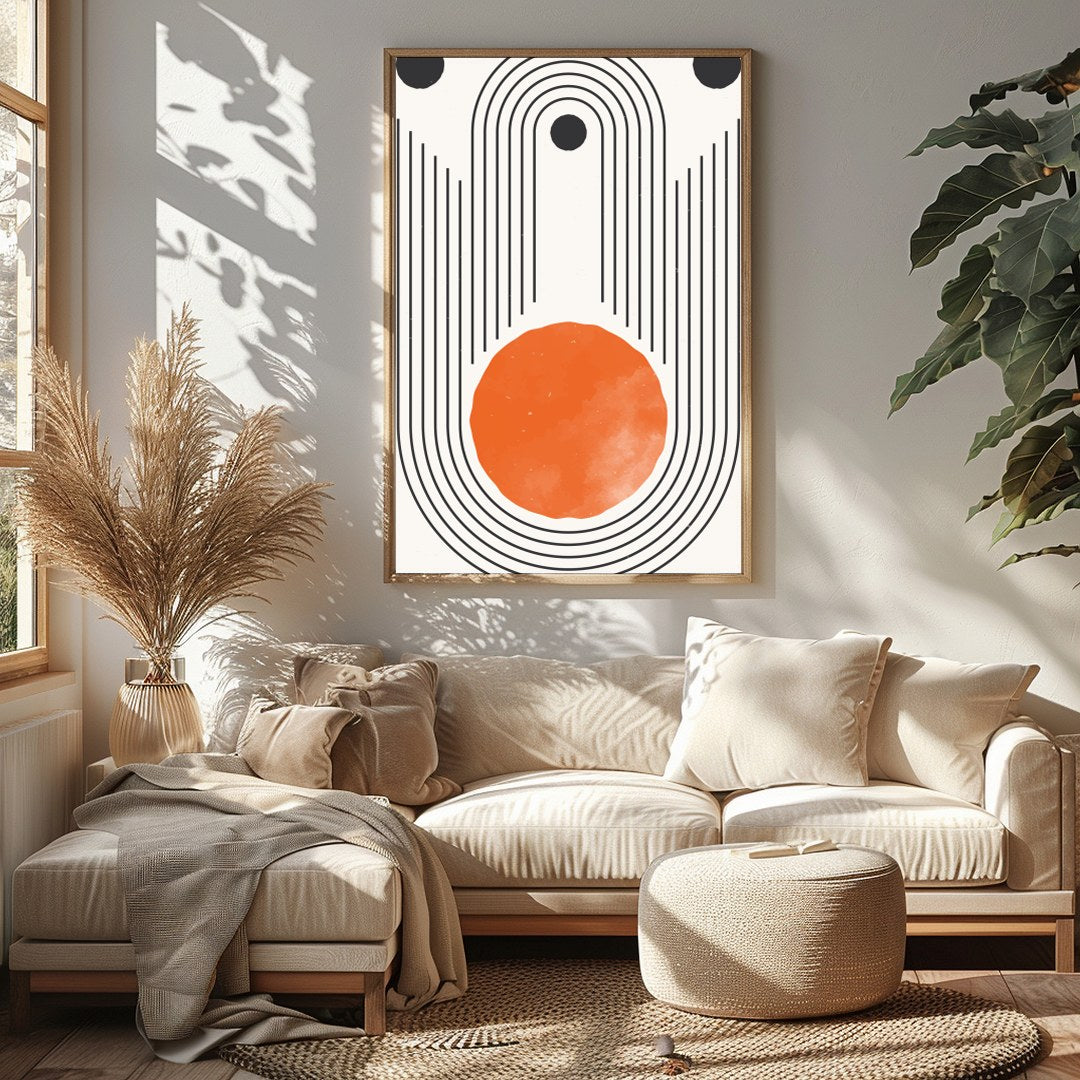 Elevate your space with this stunning retro geometric artwork, featuring a bold orange sun for Sitting Area