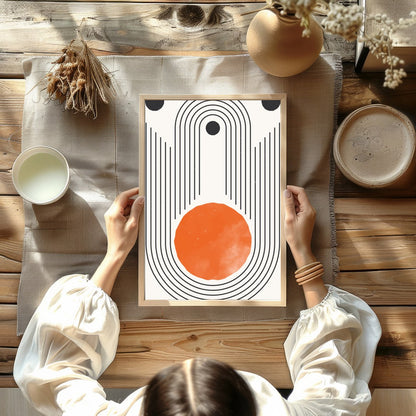 Elevate your space with this stunning retro geometric artwork, featuring a bold orange sun for studio