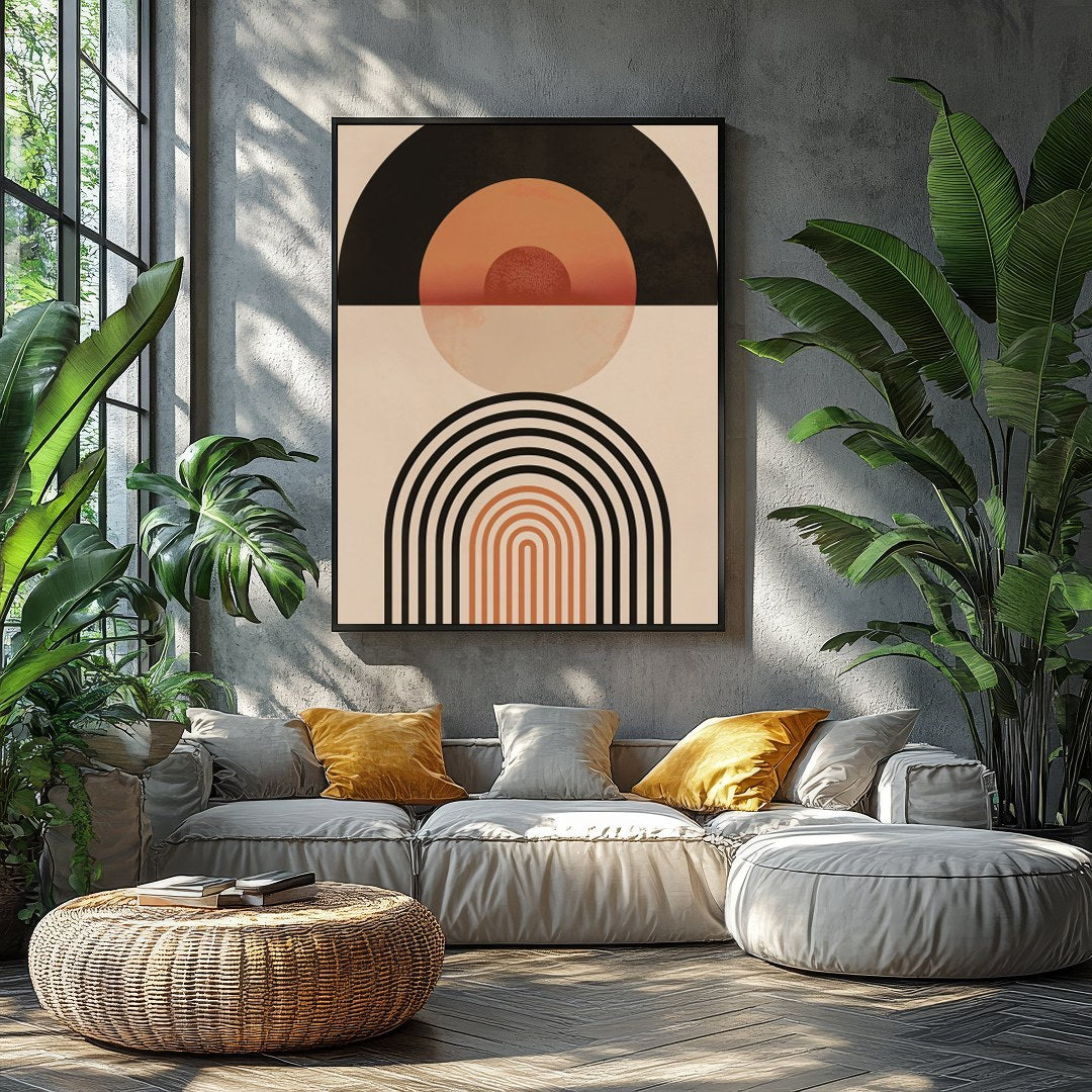 This captivating piece blends retro tones with modern minimalism, featuring bold geometric shapes for Balcony