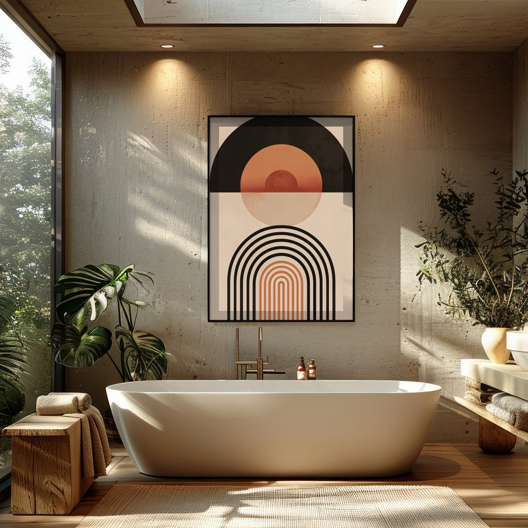 This captivating piece blends retro tones with modern minimalism, featuring bold geometric shapes for Bathroom