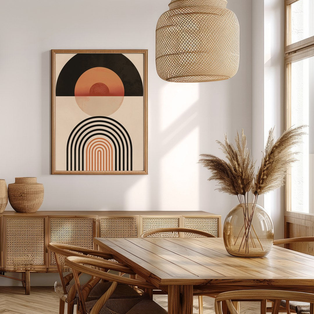 This captivating piece blends retro tones with modern minimalism, featuring bold geometric shapes for Extra Kitchen