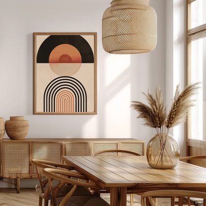 This captivating piece blends retro tones with modern minimalism, featuring bold geometric shapes for Extra Kitchen