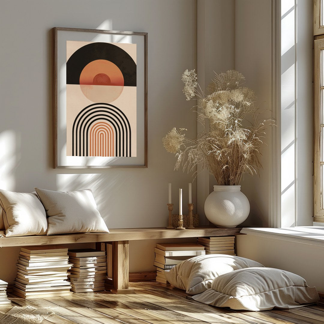 This captivating piece blends retro tones with modern minimalism, featuring bold geometric shapes for gallery
