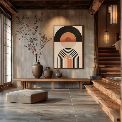 This captivating piece blends retro tones with modern minimalism, featuring bold geometric shapes for Hall