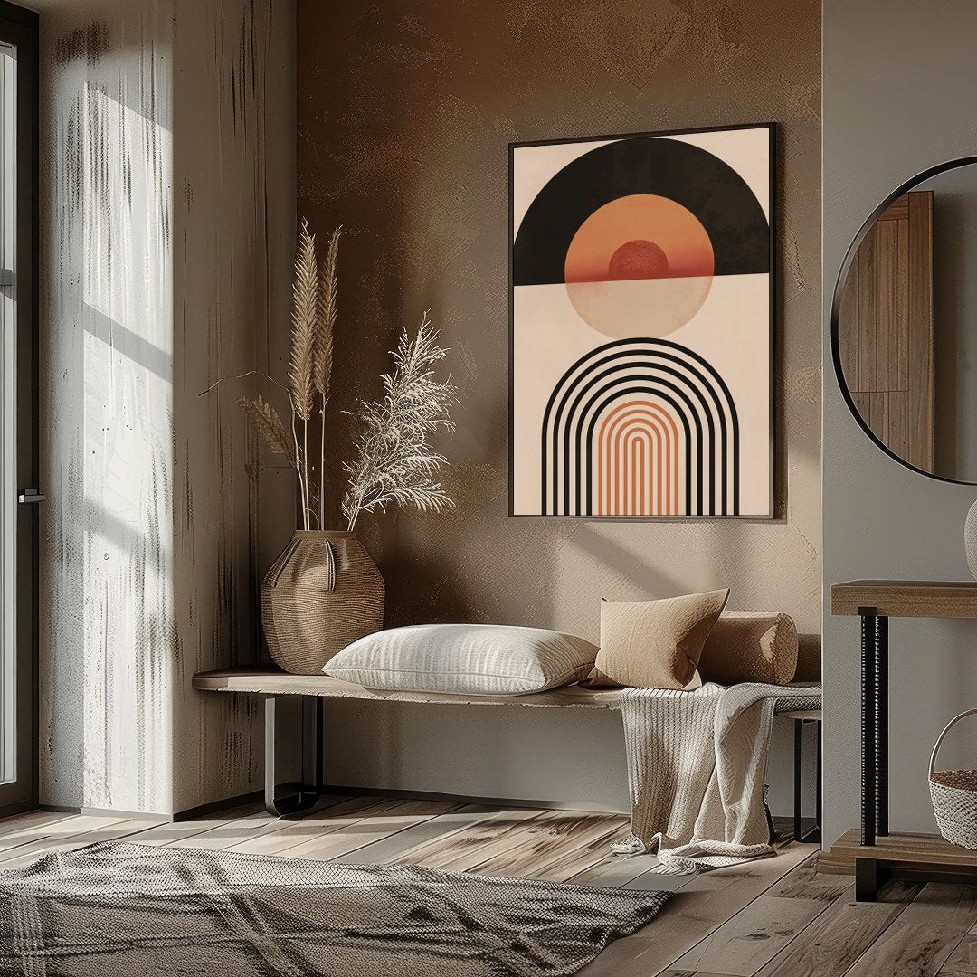 This captivating piece blends retro tones with modern minimalism, featuring bold geometric shapes for haven