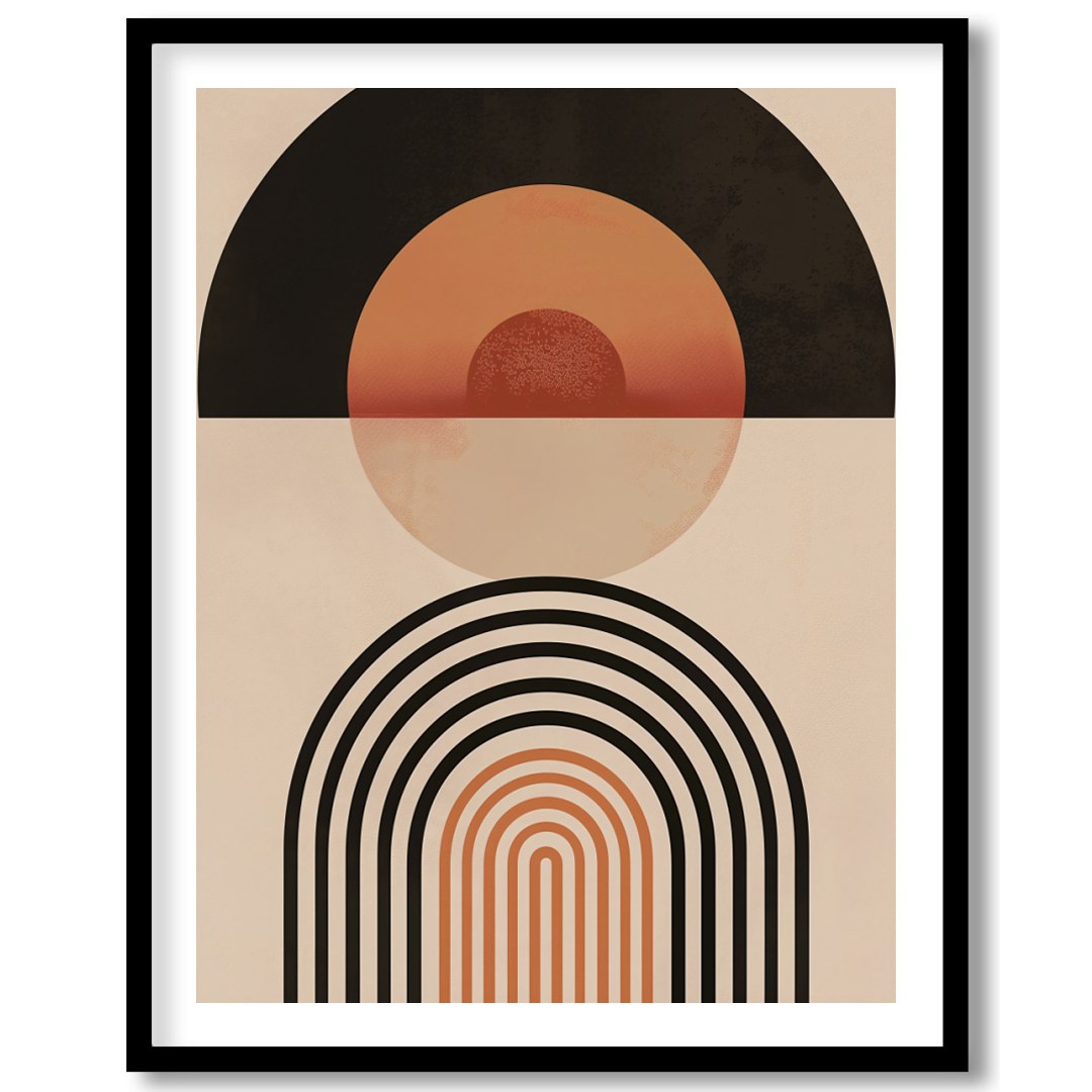 This captivating piece blends retro tones with modern minimalism, featuring bold geometric shapes for kitchen