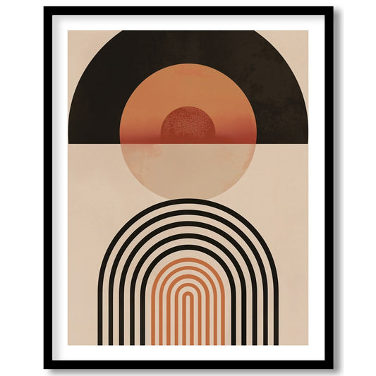 This captivating piece blends retro tones with modern minimalism, featuring bold geometric shapes for kitchen