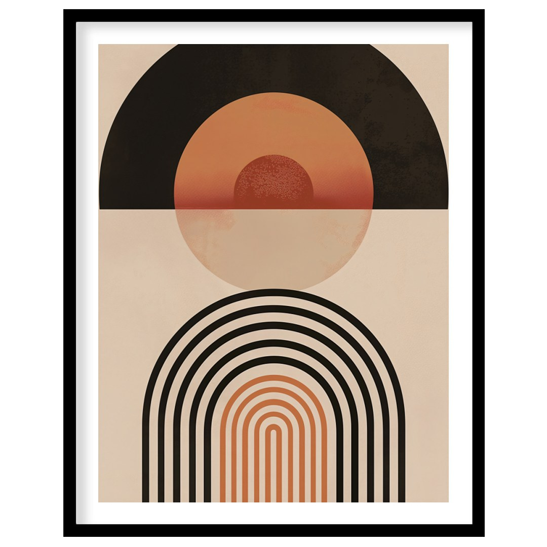 This captivating piece blends retro tones with modern minimalism, featuring bold geometric shapes for kitchen