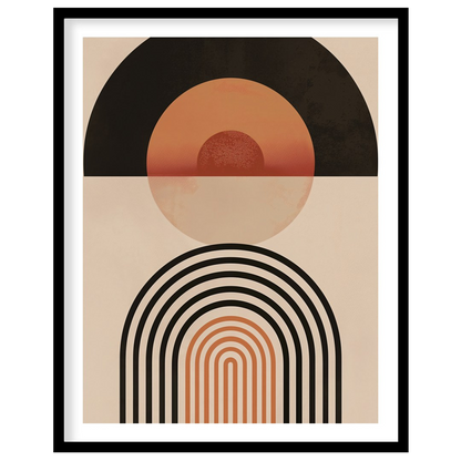 This captivating piece blends retro tones with modern minimalism, featuring bold geometric shapes for kitchen