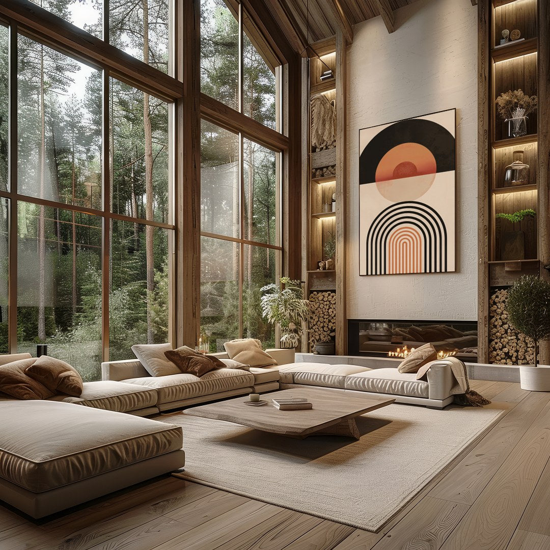 This captivating piece blends retro tones with modern minimalism, featuring bold geometric shapes for Living Room