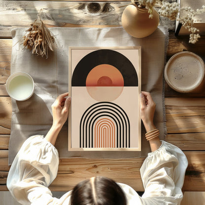 This captivating piece blends retro tones with modern minimalism, featuring bold geometric shapes for room