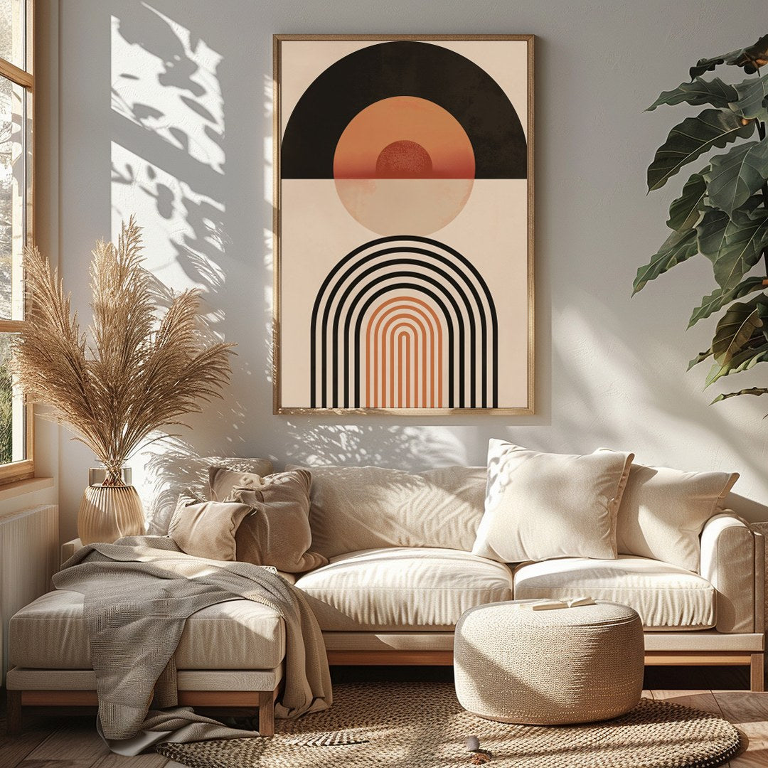 This captivating piece blends retro tones with modern minimalism, featuring bold geometric shapes for Sitting Area